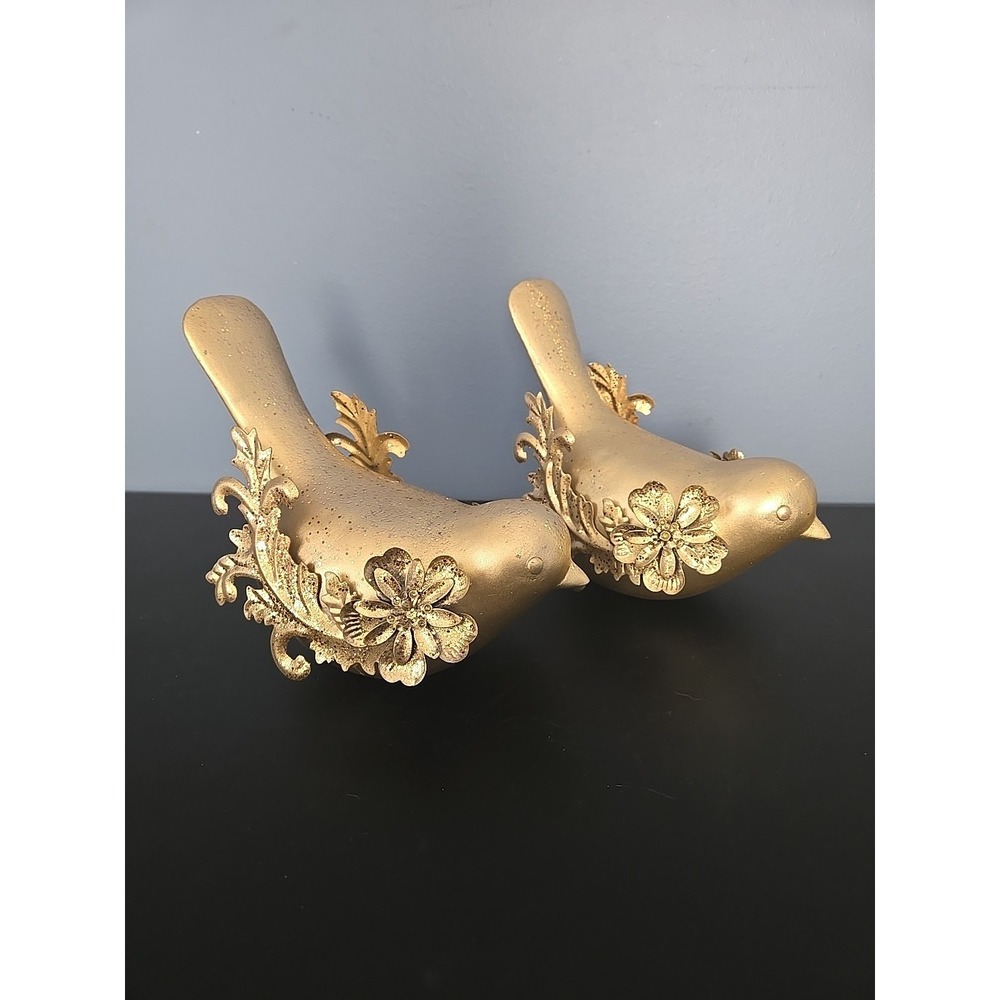 2 Gold‎ Bird Figurine Glittery Metal Christmas Holiday Decor Tabletop Accent 2pc